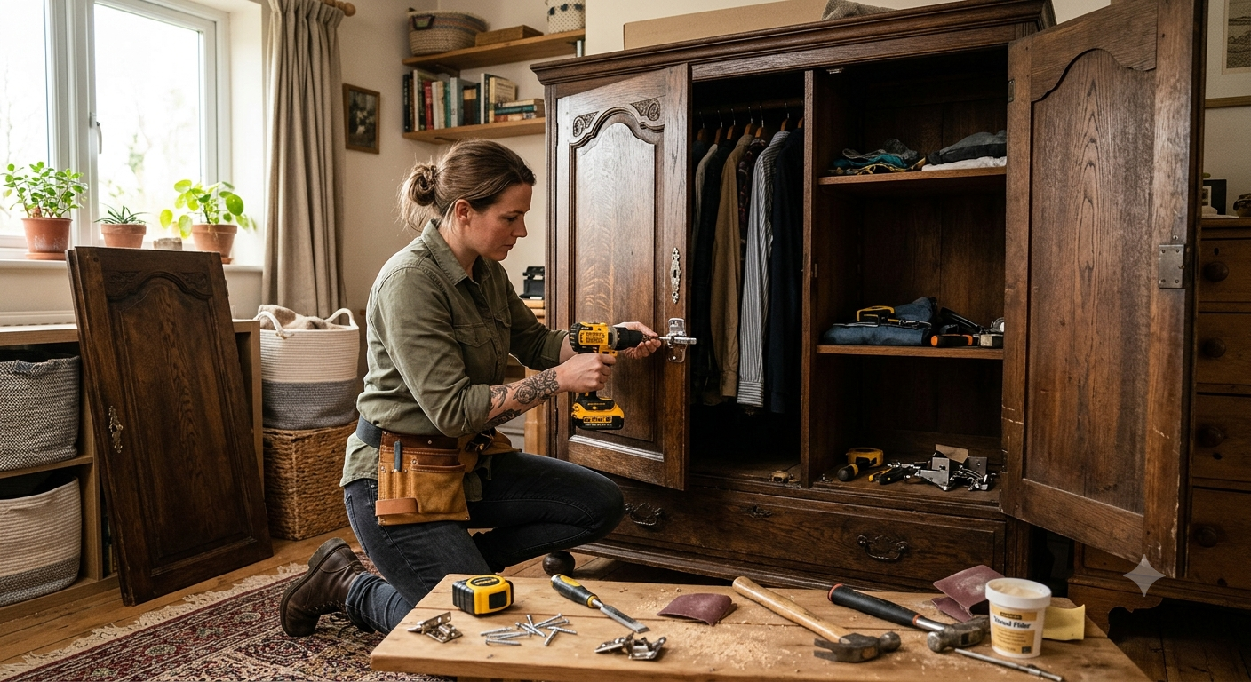 Carpenter working on wooden cabinetry and furniture